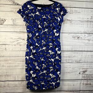 Womens Talbots BLue Black Floral Short Sleeve Straight Pencil Dress Classy Sz 8
